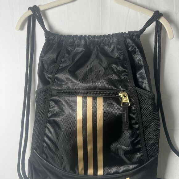 Adidas Alliance II Sackpack Backpack Black with Gold Metallic Stripes and Logo - Picture 2 of 6